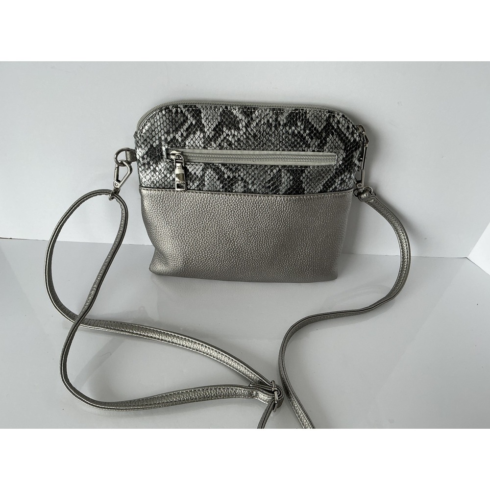 Jen & Co Silver Snakeskin Crossbody Bag Metallic Faux Leather Small Zip Purse